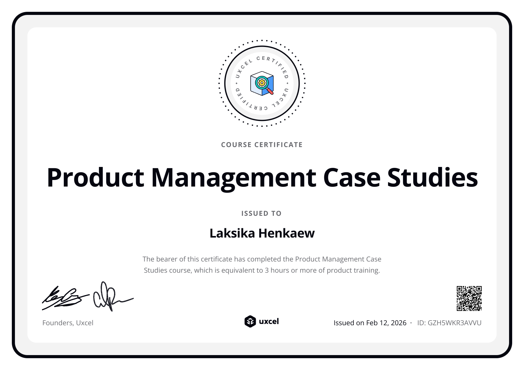 Laksika Henkaew's certificate